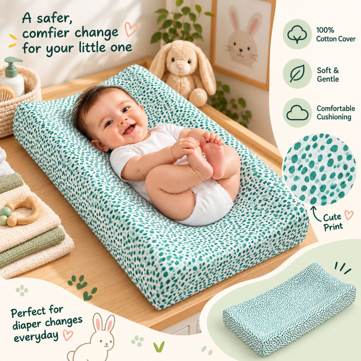 Baby Diaper Changing and Massage Pad with Safety Belt (Green Dots)