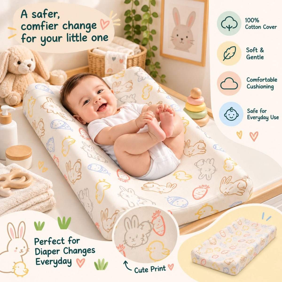 Baby Diaper Changing and Massage Pad with Safety Belt (Carrot Print)