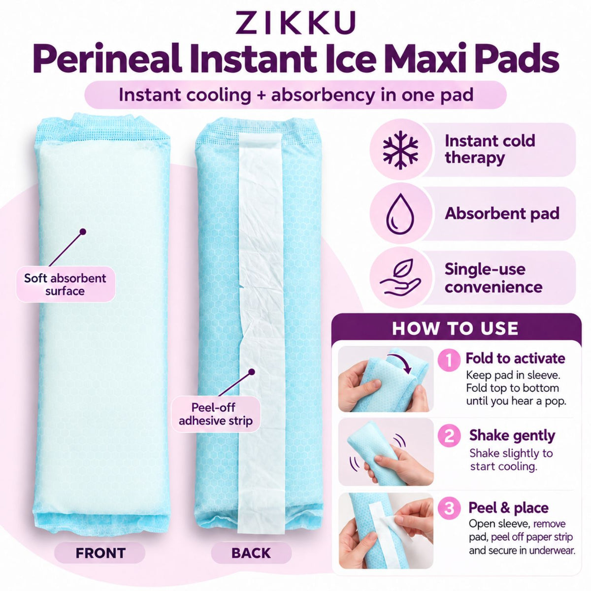 Perineal Instant Ice Maxi Pads for Postpartum Cooling Relief, Single-Use Absorbent Pads