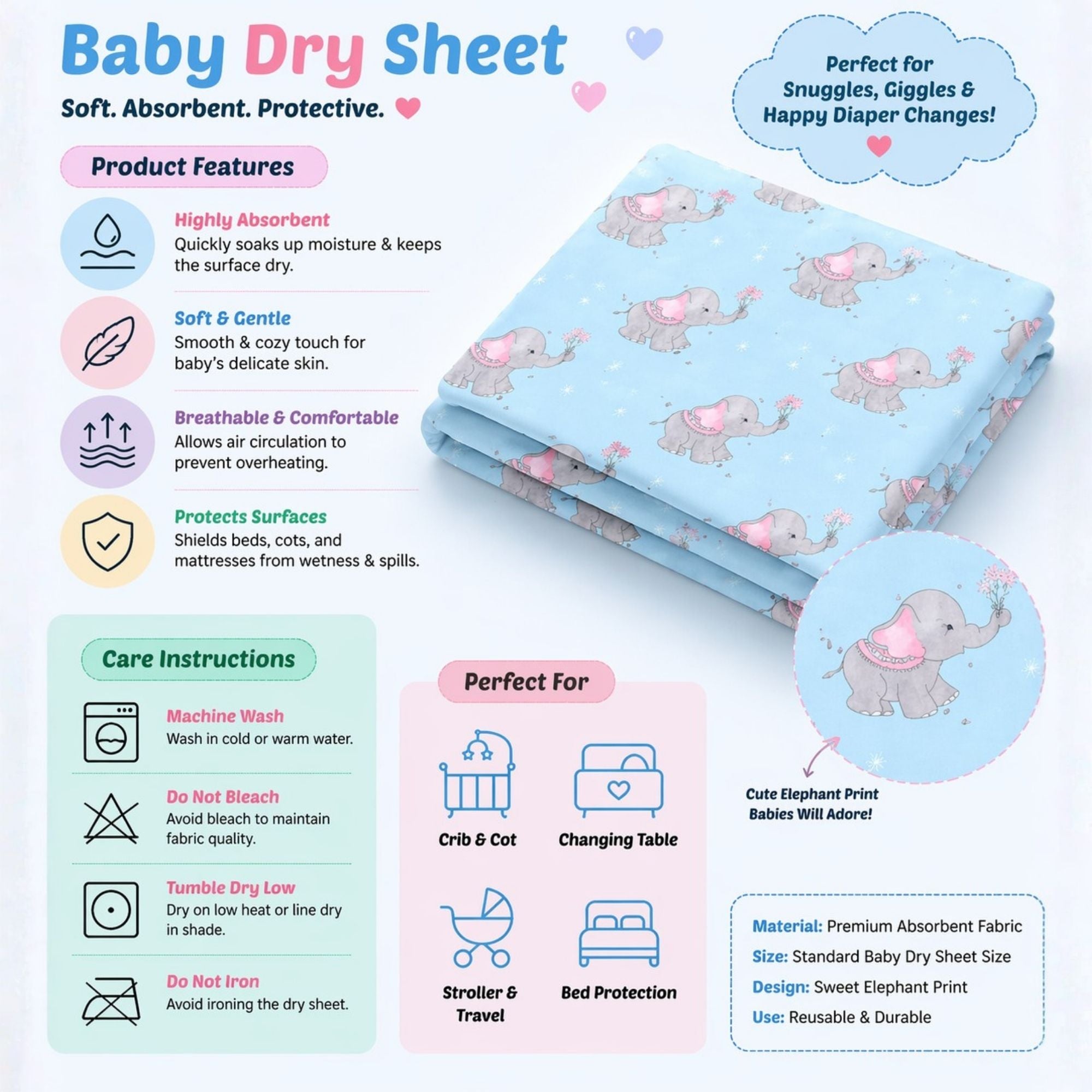 Printed Baby Dry Sheet | Waterproof & Reusable Mattress Protector | Soft & Absorbent | Pack of 2