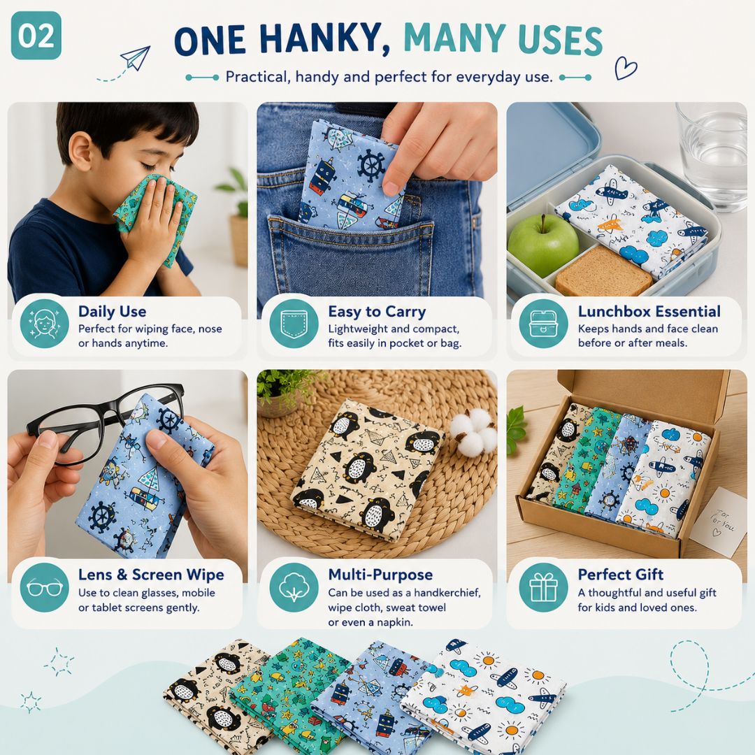 Kids Handkerchief Set of 4 Cute Printed Hankies