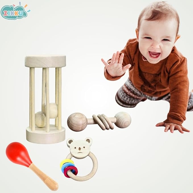 Zikku Wooden Maracas Rattle – Montessori Baby Toy | Non-Toxic Wooden Shaker for Infants & Toddlers