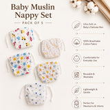 100% Cotton Muslin Nappy Set for Newborns (0-6 Months) - Pack of 5