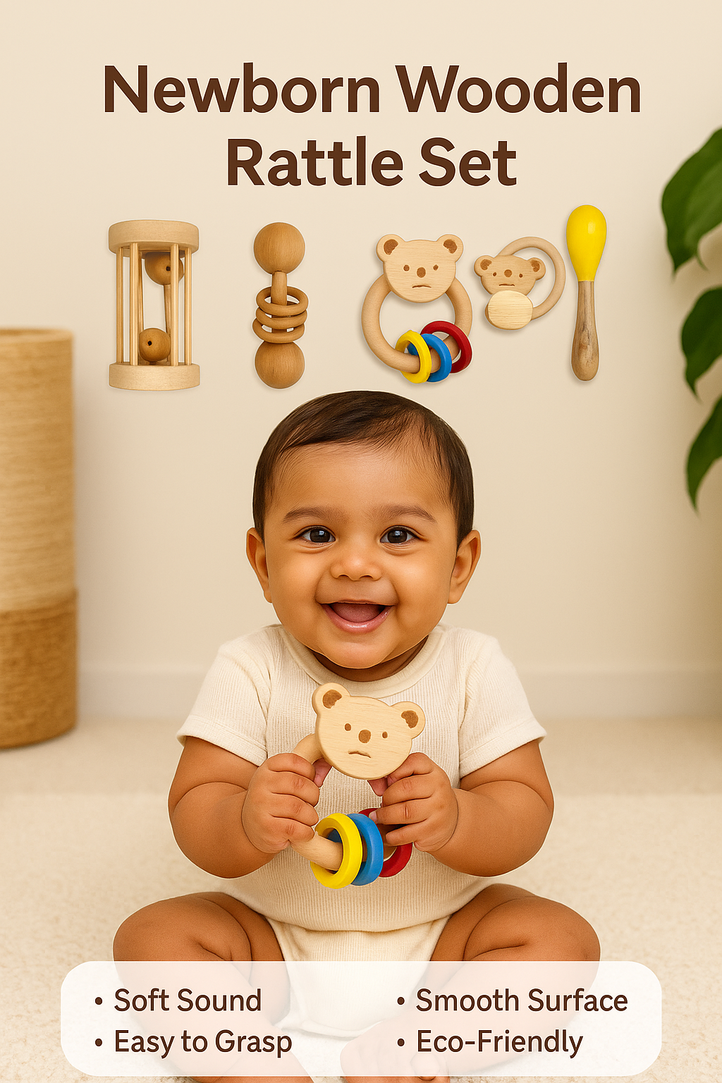 Zikku Wooden Maracas Rattle – Montessori Baby Toy | Non-Toxic Wooden Shaker for Infants & Toddlers