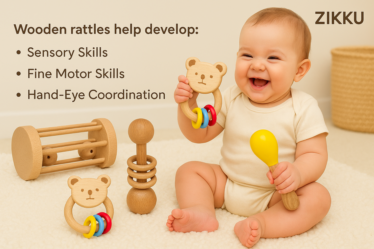 Zikku Wooden Maracas Rattle – Montessori Baby Toy | Non-Toxic Wooden Shaker for Infants & Toddlers