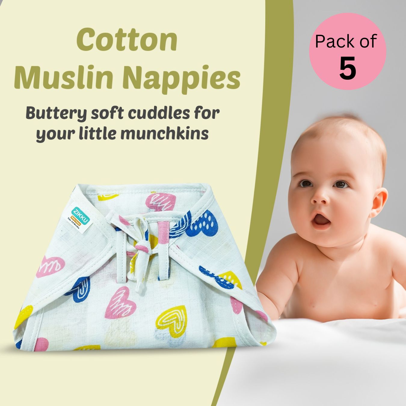 100% Cotton Muslin Nappy Set for Newborns (0-6 Months) - Pack of 5