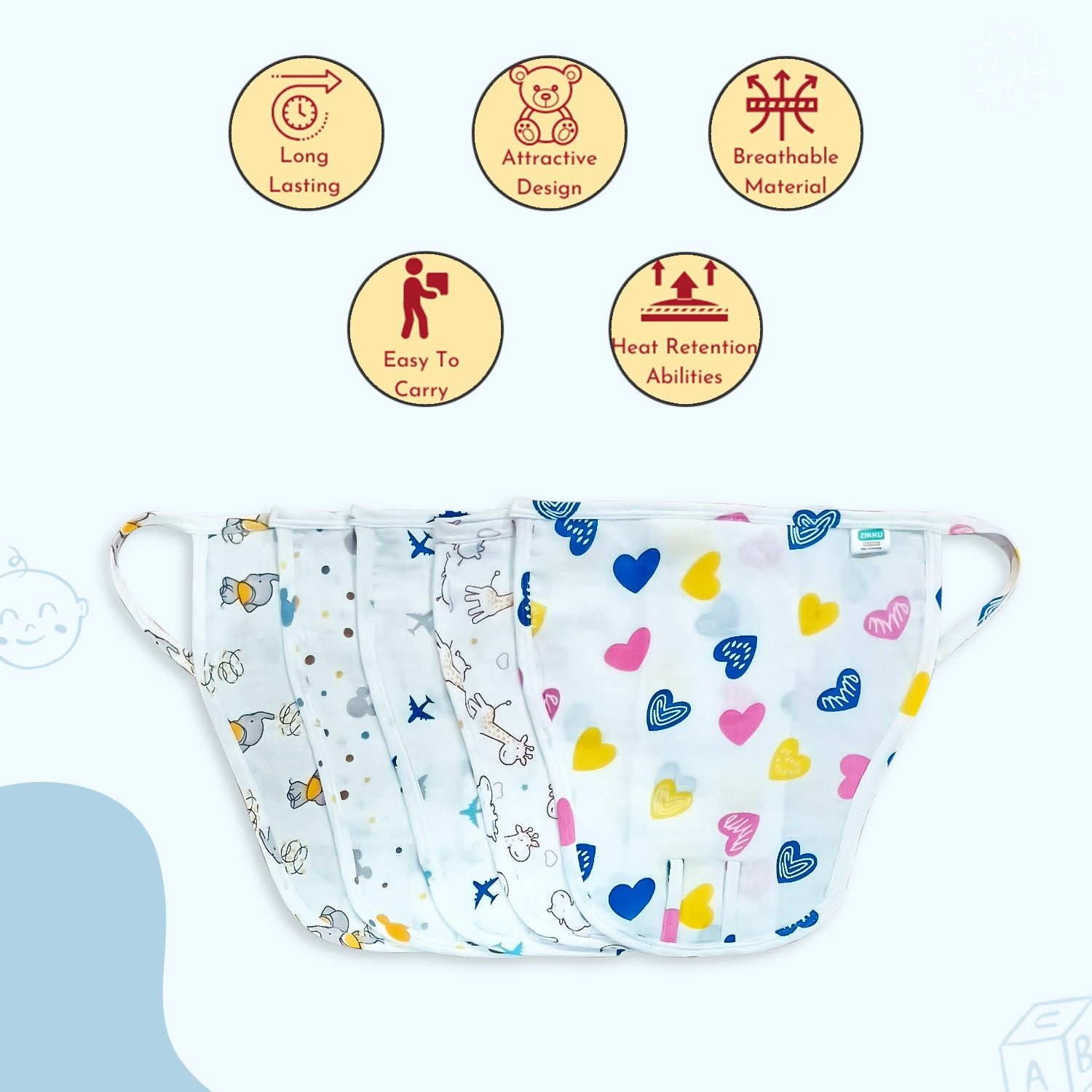 100% Cotton Muslin Nappy Set for Newborns (0-6 Months) - Pack of 5