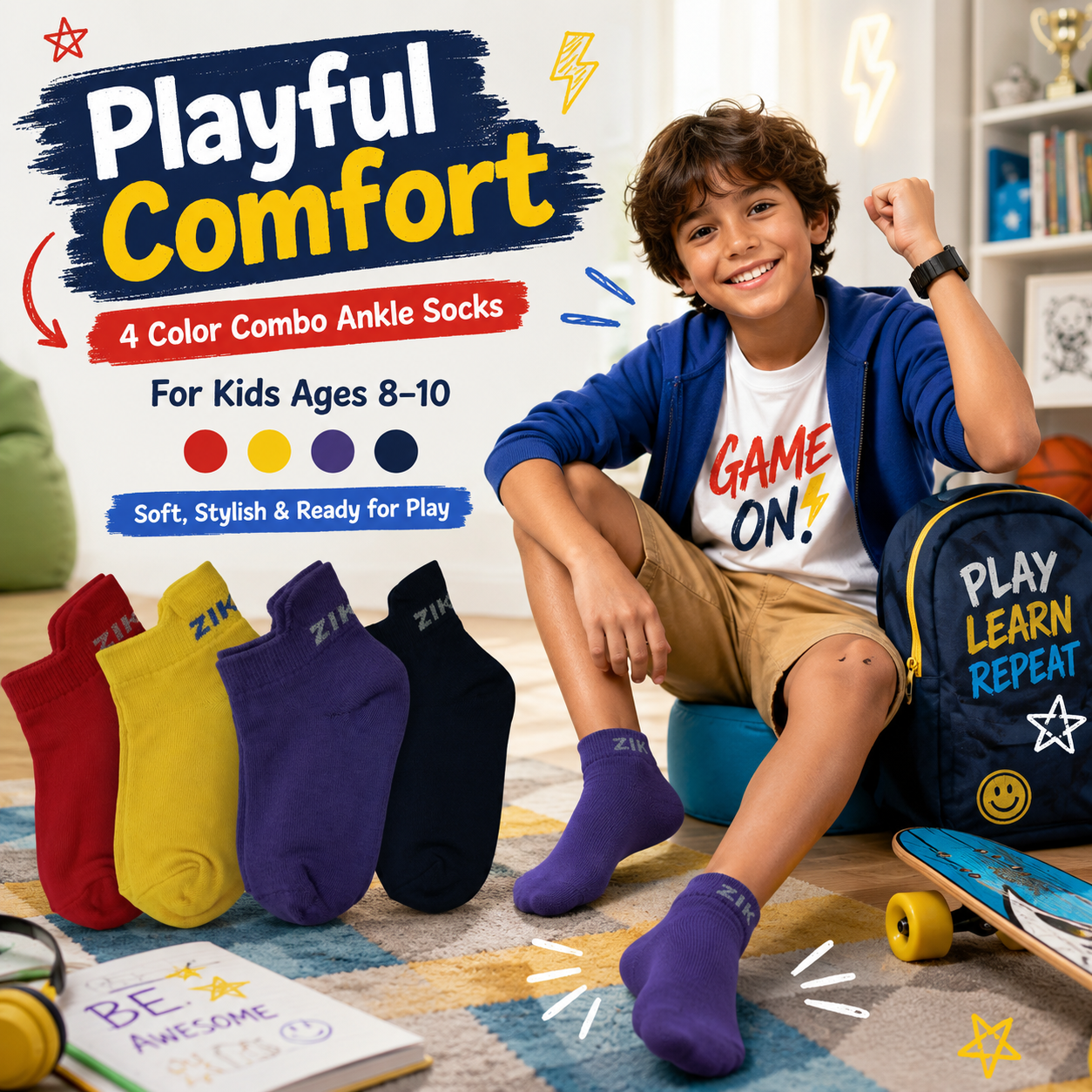 Ankle Length Colorful Socks Combo for Kids (6-9 Years, 4 Pairs, Style B )