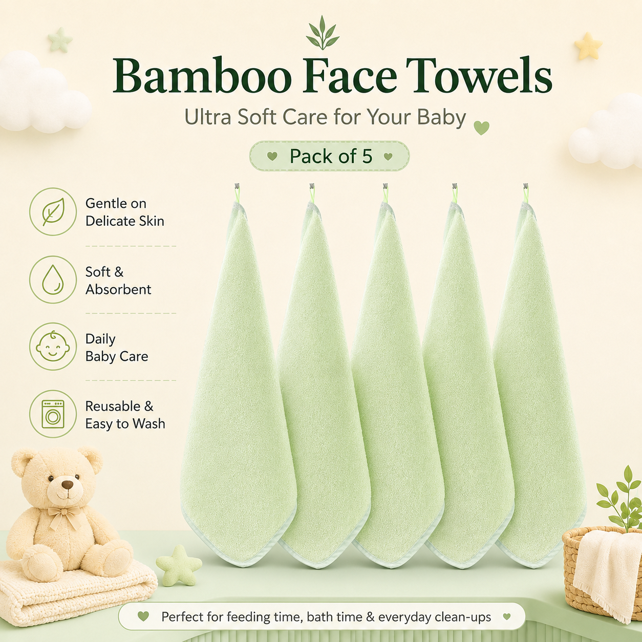 Bamboo Face Towels for Newborn (Pack of 5, Multi Color)