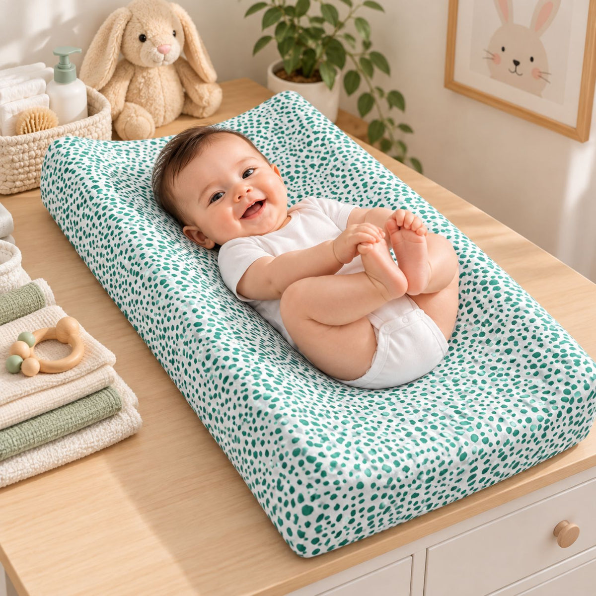 Baby Diaper Changing and Massage Pad with Safety Belt (Green Dots)