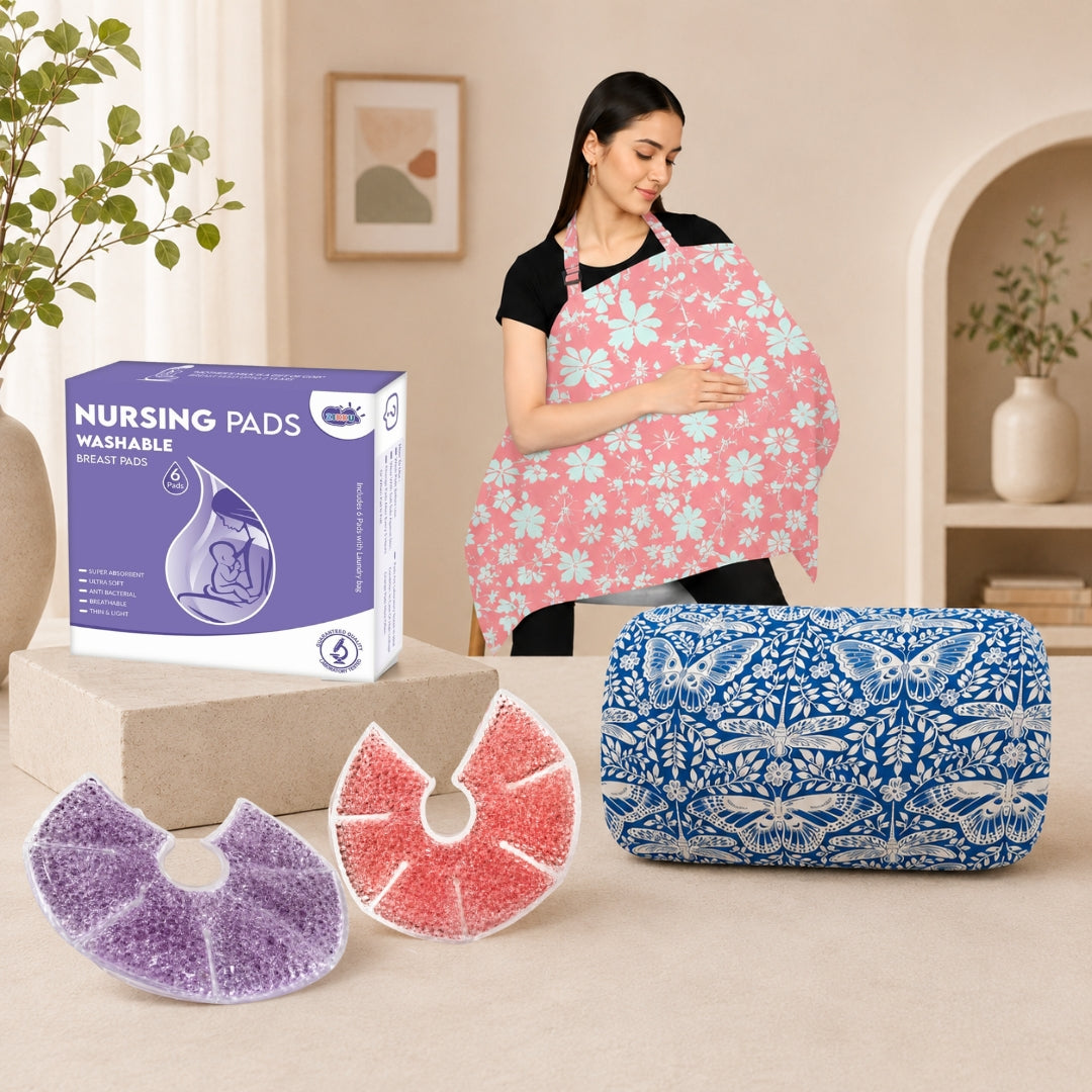 Breastfeeding Essentials Combo- 6 Reusable Nursing Pads, 2 Breast Gel Pads, 1 Cotton Nursing Cover, 1 Arm Feeding Pillow