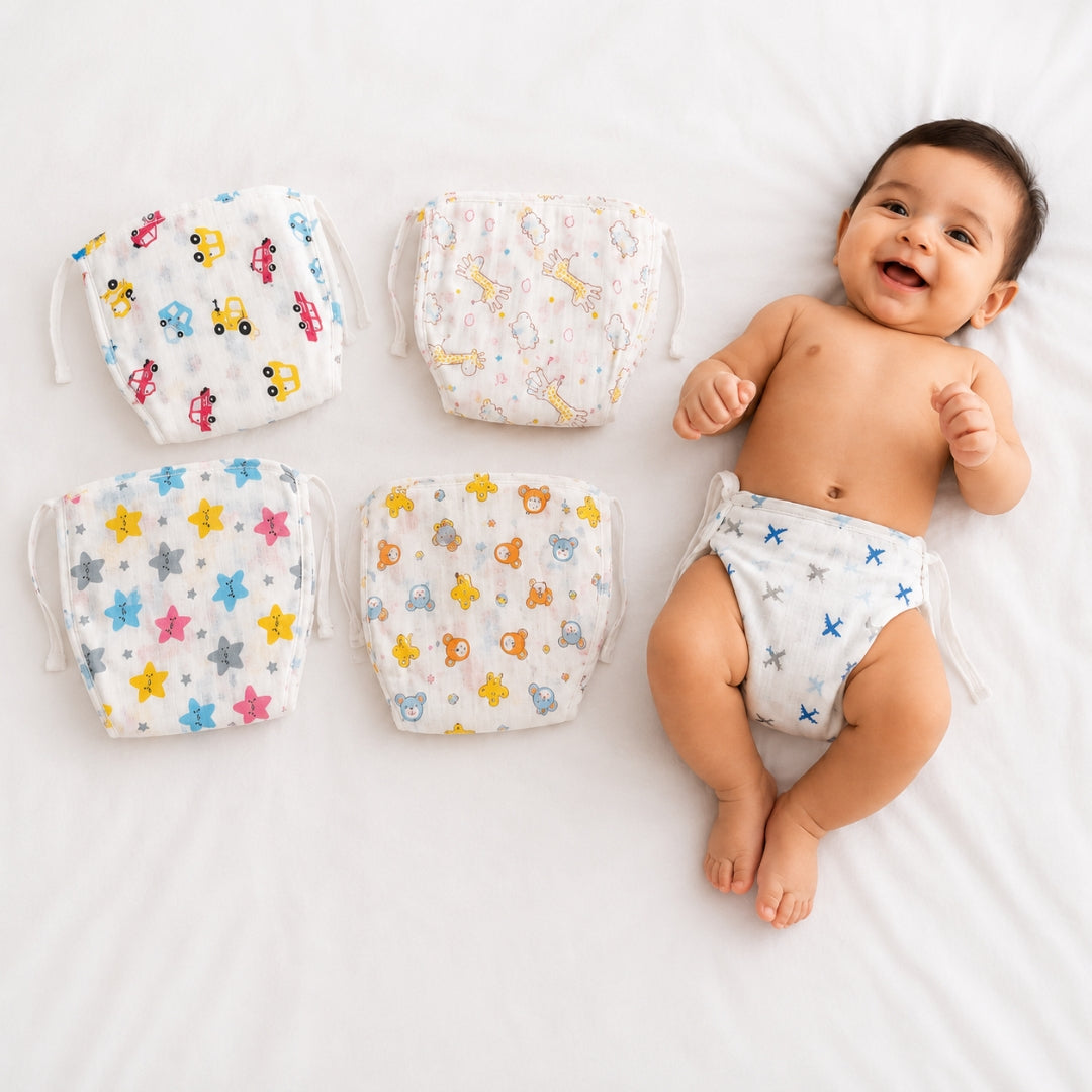 100% Cotton Muslin Nappy Set for Newborns (0-6 Months) - Pack of 5