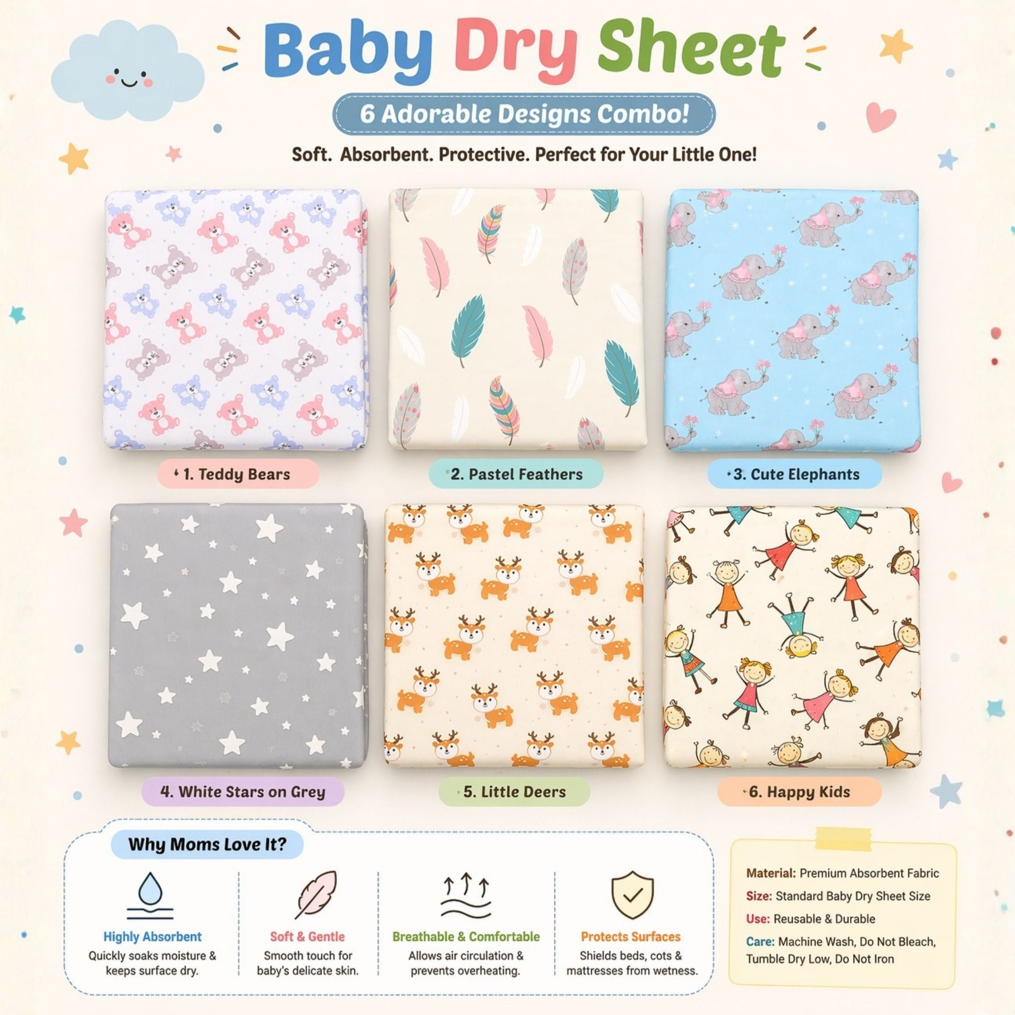 Printed Baby Dry Sheet | Waterproof & Reusable Mattress Protector | Soft & Absorbent | Pack of 2