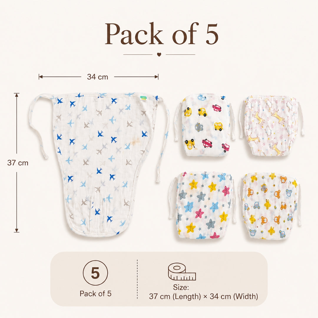 100% Cotton Muslin Nappy Set for Newborns (0-6 Months) - Pack of 5
