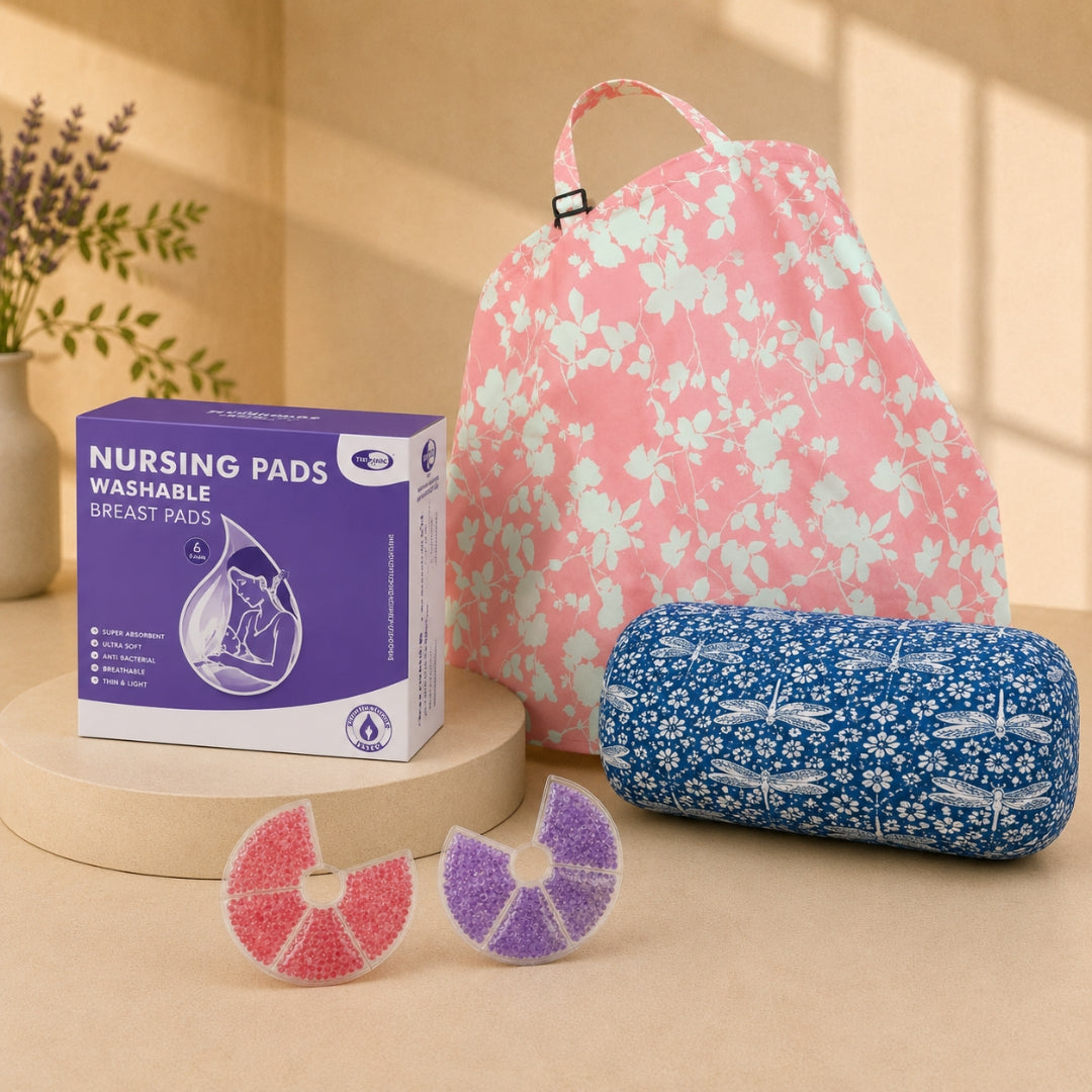 Breastfeeding Essentials Combo- 6 Reusable Nursing Pads, 2 Breast Gel Pads, 1 Cotton Nursing Cover, 1 Arm Feeding Pillow