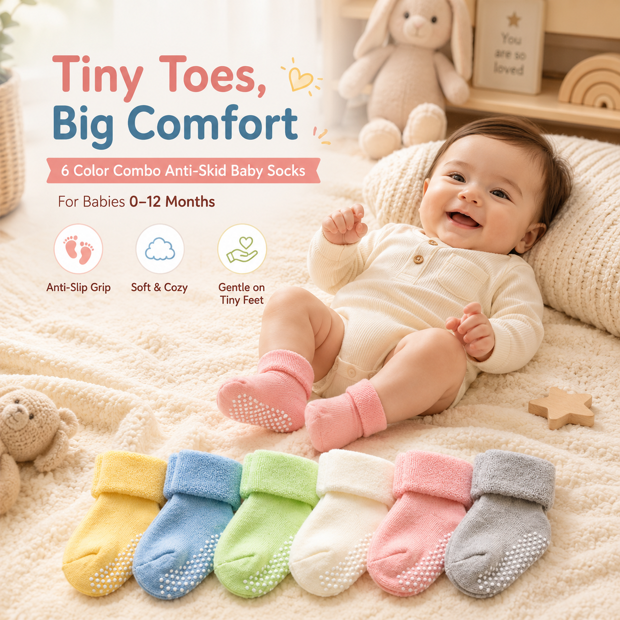 Anti Slip Socks Combo for Newborn (0-12 months, 6 pairs )