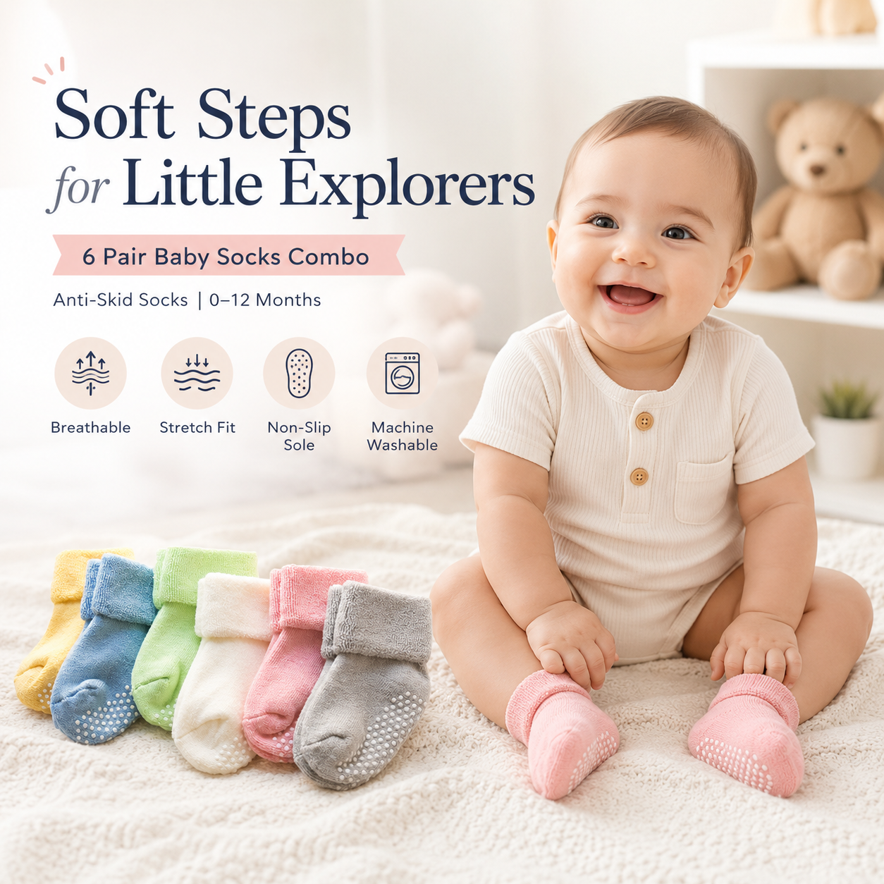 Anti Slip Socks Combo for Newborn (0-12 months, 6 pairs )