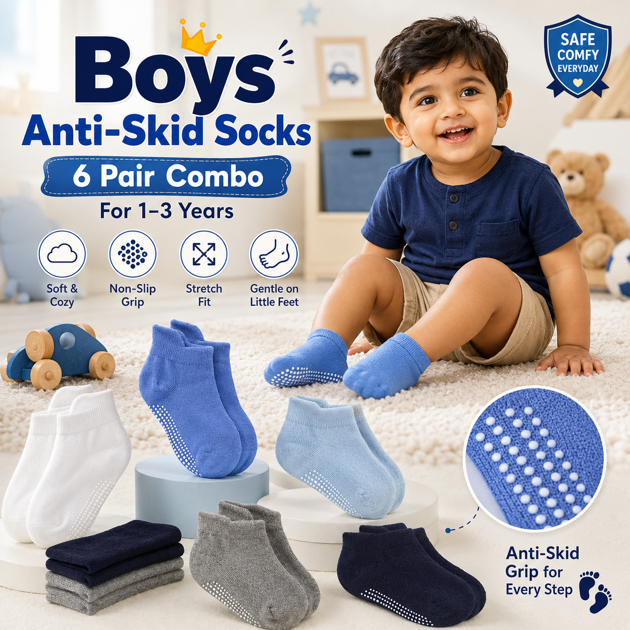 Anti Skid Socks Combo for Boys (1-3 Years , 6 Pairs)
