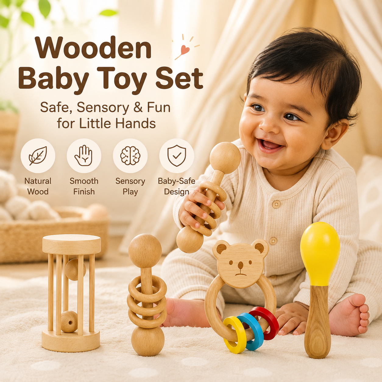 Zikku Wooden Maracas Rattle – Montessori Baby Toy | Non-Toxic Wooden Shaker for Infants & Toddlers (Set of 4)